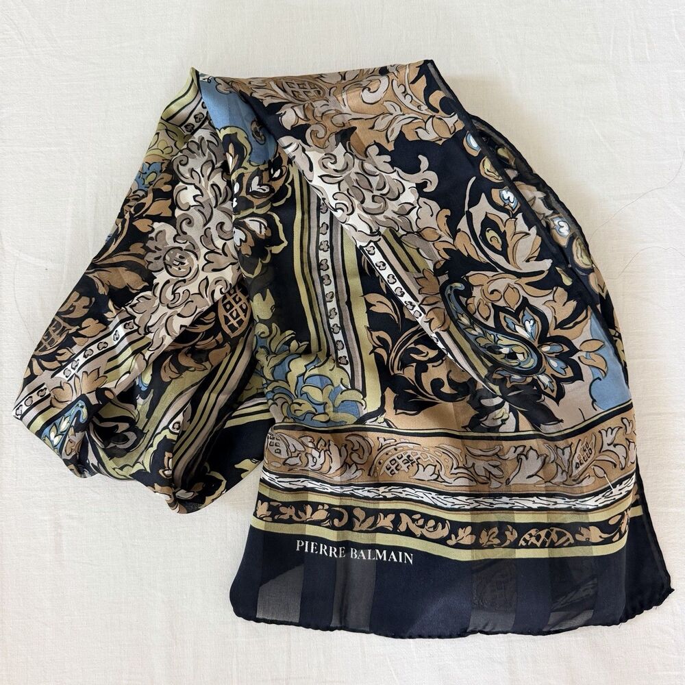 Pierre Balmain Vintage 100% Silk Scarf 17"x61" Floral Baroque Japan Designer - Picture 9 of 12